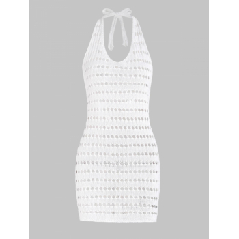 Bodycon Dress Crochet Knit Openwork Halter Backless Beach Mini Dress S White