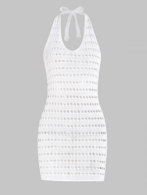 Bodycon Dress Crochet Knit Openwork Halter Backless Beach Mini Dress S White