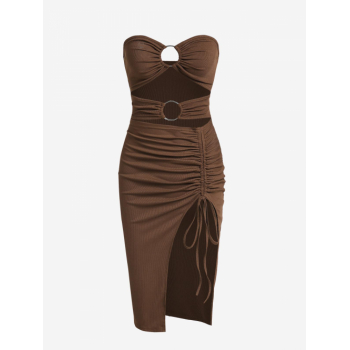 Mini Dress Ribbed O Ring Cut Out Cinched Slit Bandeau Vegas Dress L Coffee