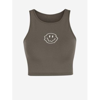 Women Tank Tops Ribbed Smile Face Graphic Printed Sporty Crop Baby Tank Top L Coffee