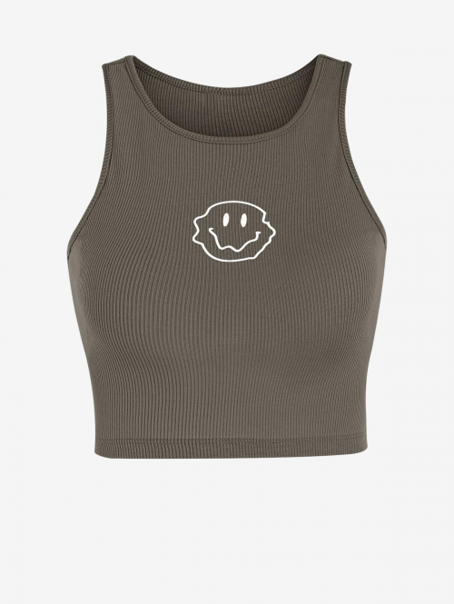 Women Tank Tops Ribbed Smile Face Graphic Printed Sporty Crop Baby Tank Top L Coffee