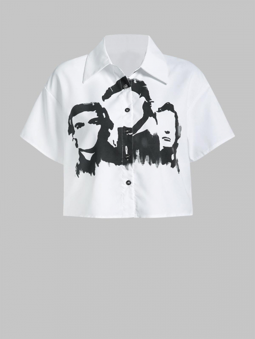 Women Blouses Abstract Face Print Button Casual Cropped Shirt L White