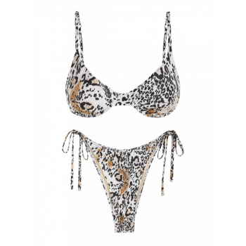 ZAFUL Animal Leopard Print Tie Side Underwire Balconette Bikini Set S Coffee