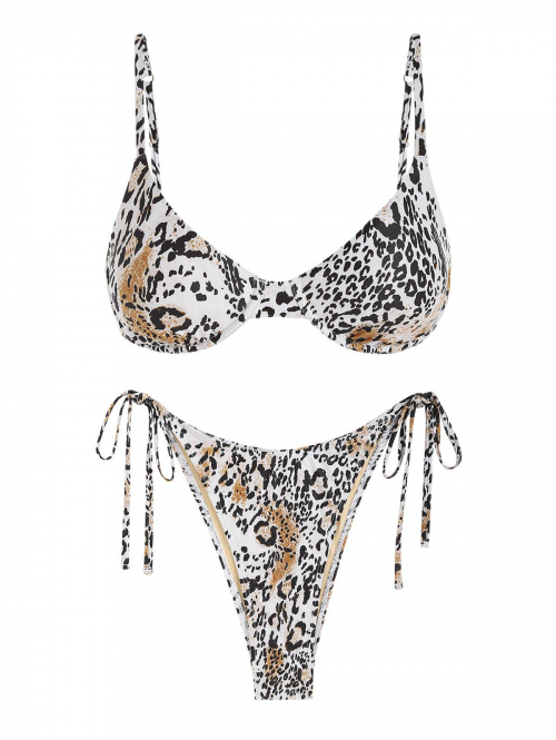 ZAFUL Animal Leopard Print Tie Side Underwire Balconette Bikini Set S Coffee