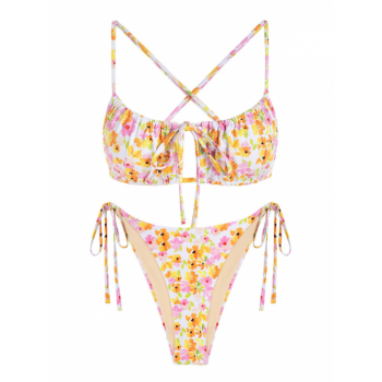 ZAFUL Tie Side Floral Criss Cross Cutout Tanga Bikini Swimwear L Light yellow