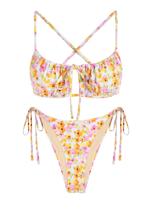 ZAFUL Tie Side Floral Criss Cross Cutout Tanga Bikini Swimwear L Light yellow