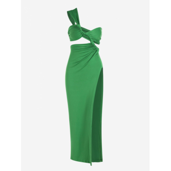 Mini Dress Sexy Cutout High Slit Backless Ruched One Shoulder Club Midi Vegas Dress M Green