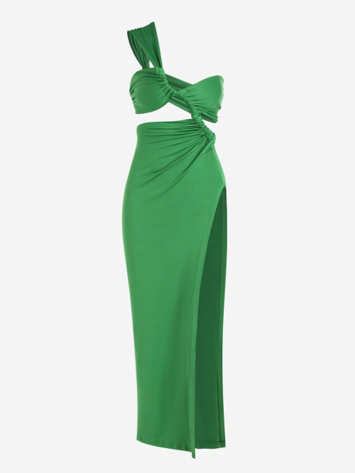 Mini Dress Sexy Cutout High Slit Backless Ruched One Shoulder Club Midi Vegas Dress M Green