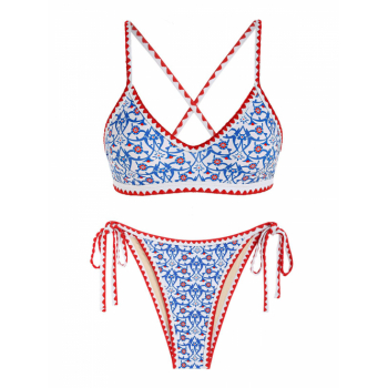 ZAFUL Bohemian Tie Side Whip Stitch Print Criss Cross Bikini Swimwear L Blue