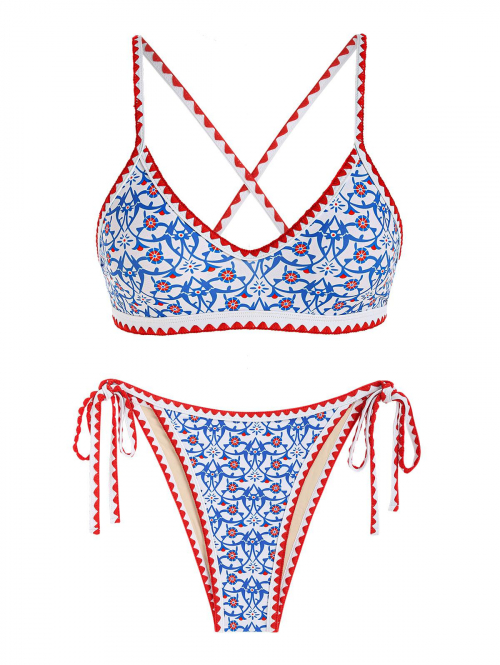 ZAFUL Bohemian Tie Side Whip Stitch Print Criss Cross Bikini Swimwear L Blue