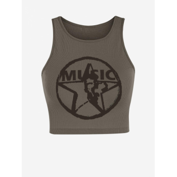 Women Tank Tops Ribbed MUSIC Star Print Crop Tank Top M Deep coffee