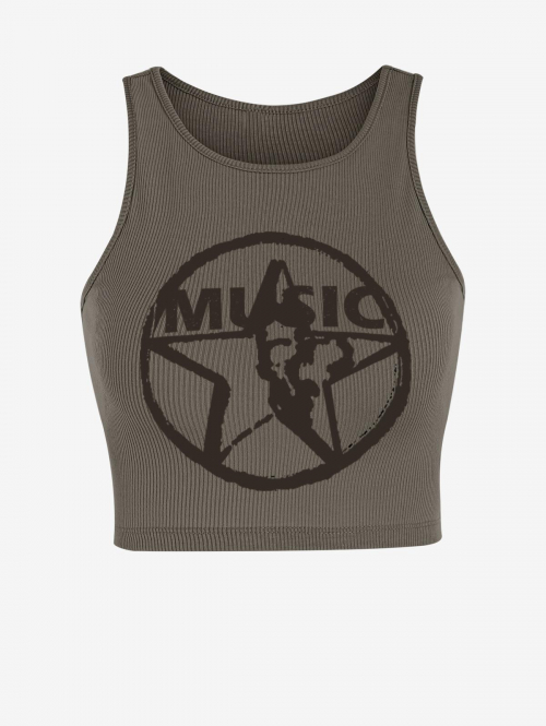 Women Tank Tops Ribbed MUSIC Star Print Crop Tank Top M Deep coffee