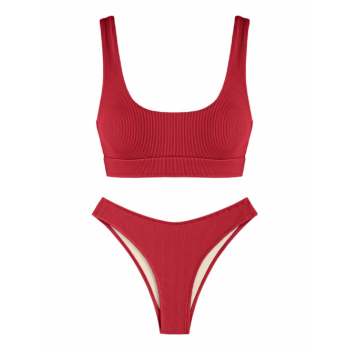 ZAFUL Textured Tank Style High Cut Bikini Swimwear L Red