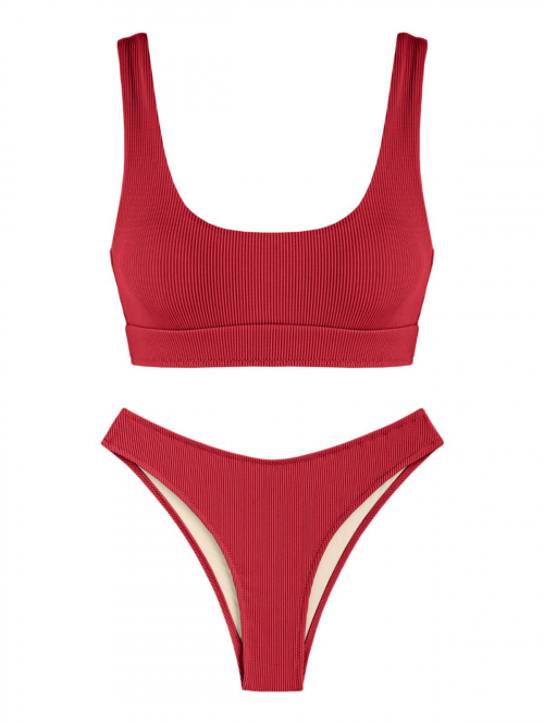 ZAFUL Textured Tank Style High Cut Bikini Swimwear L Red