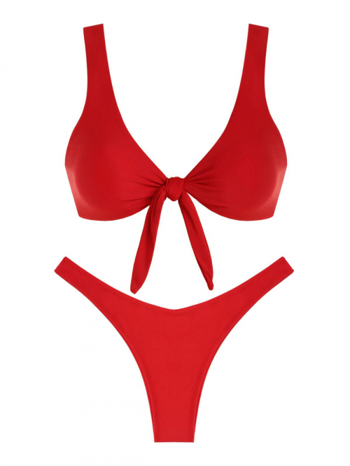 Scrunch Butt Knotted Thong Bikini M Red