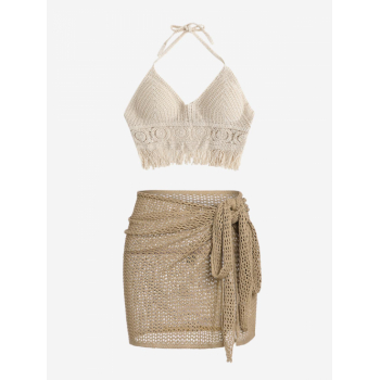 Halter Fringed Trim Crochet Knit Bralette Top and Tie Beach Sheer Sarong Style Skirt Set Light coffee