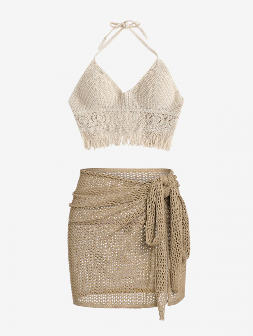 Halter Fringed Trim Crochet Knit Bralette Top and Tie Beach Sheer Sarong Style Skirt Set Light coffee