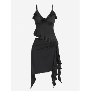 Corsage Rosettes Flounce Asymmetric Camisole and Ruffles Metal Hardware Ruched Skirt Set Black