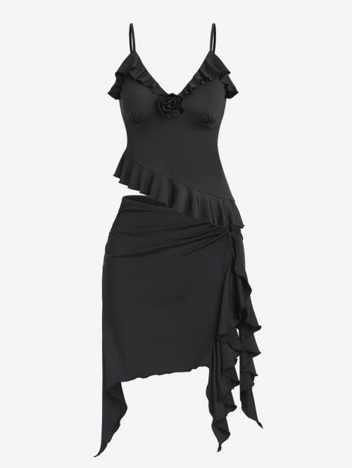 Corsage Rosettes Flounce Asymmetric Camisole and Ruffles Metal Hardware Ruched Skirt Set Black