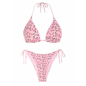 ZAFUL Ditsy Print Tie Reversible String Bikini Set M Light pink