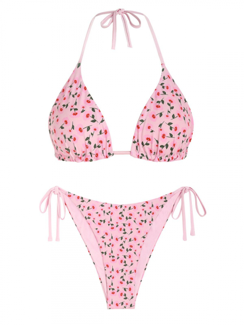 ZAFUL Ditsy Print Tie Reversible String Bikini Set M Light pink