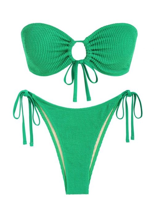 ZAFUL Crinkle Tie Side Bandeau Bikini Swimwear L Green