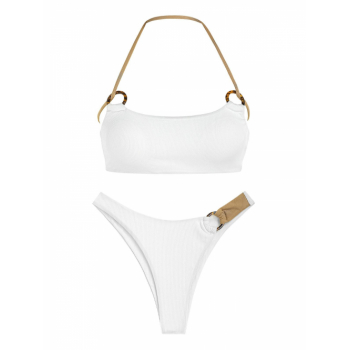 ZAFUL Ribbed O-ring High Cut Halter Bikini Swimwear S White