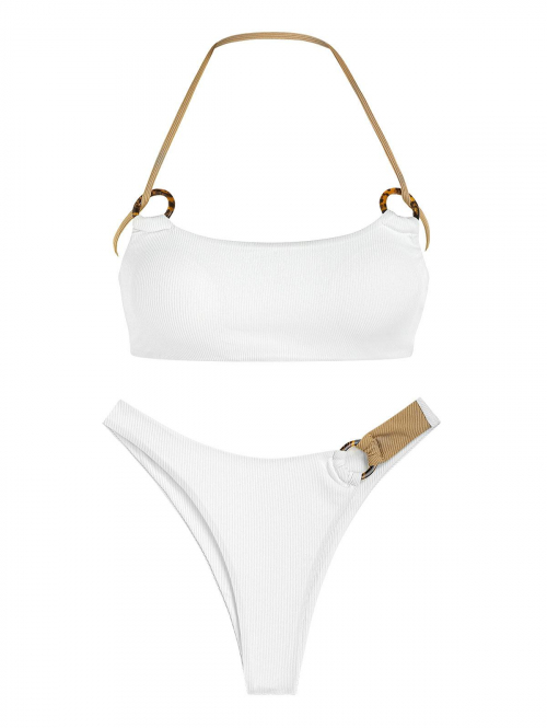 ZAFUL Ribbed O-ring High Cut Halter Bikini Swimwear S White