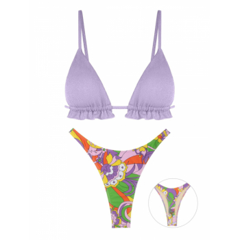 Ruffles Metallic Floral Print Thong Bikini Set Swimwear Light purple