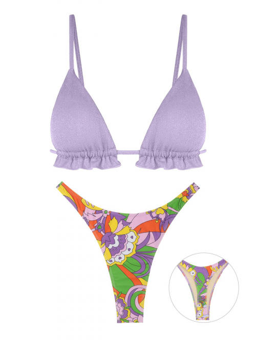 Ruffles Metallic Floral Print Thong Bikini Set Swimwear Light purple