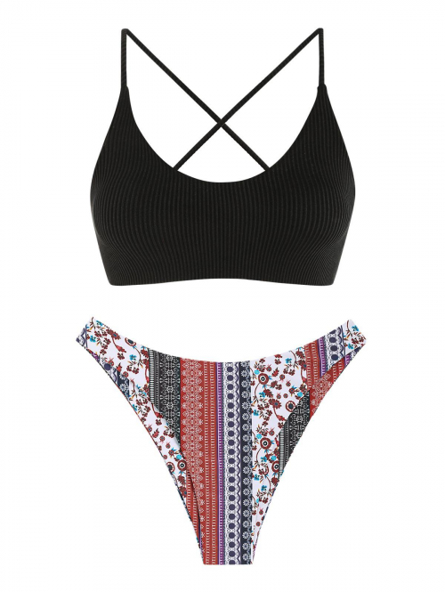 Cross Cross Lace Up Tank Style Ethnic Boho Print Cheeky Bikini Set Swimwear Black