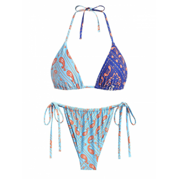 ZAFUL Women's Ribbed Boho Style Paisley Print String Triangle Bikini Set Two Piece Swimwear S Light blue