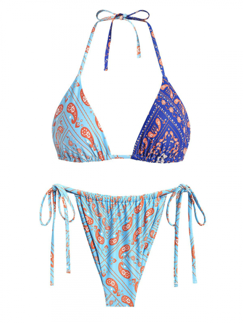 ZAFUL Women's Ribbed Boho Style Paisley Print String Triangle Bikini Set Two Piece Swimwear S Light blue