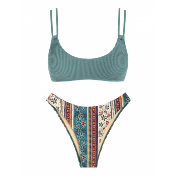 Dual Strap Crinkle Ethnic Print Boho Cheeky Bikini Set L Green