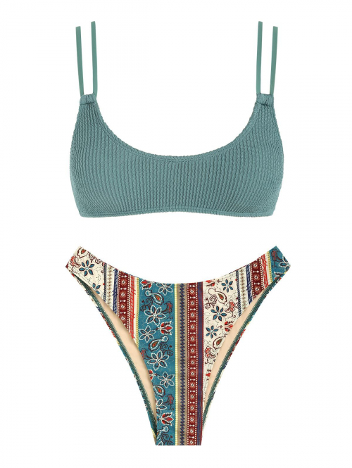 Dual Strap Crinkle Ethnic Print Boho Cheeky Bikini Set L Green