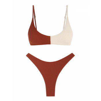 ZAFUL Two Tone Textured Tank Style Thong Bikini Swimwear S Light coffee