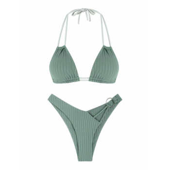 Ribbed Dual Strap Strappy O-ring Bikini Set S Green