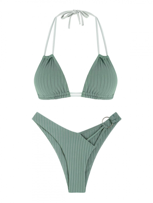 Ribbed Dual Strap Strappy O-ring Bikini Set S Green