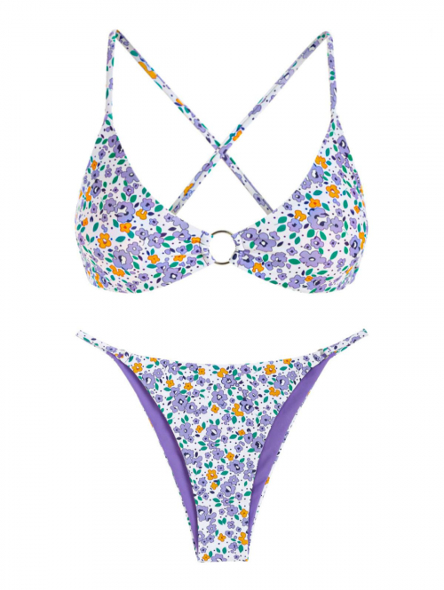 ZAFUL Ditsy Floral Print O Ring Criss Cross Bikini Swimwear S Light purple