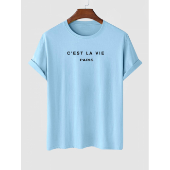 ZAFUL Men's Men's Short Sleeve Crew Neck C'EST LA VIE PARIS Letter Printed Casual Summer T-shirt Xl Light blue