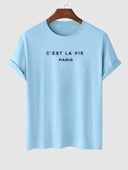 ZAFUL Men's Men's Short Sleeve Crew Neck C'EST LA VIE PARIS Letter Printed Casual Summer T-shirt Xl Light blue