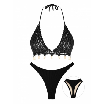 Shell Tassel Crochet Textured Thong Bikini Swimwear Black