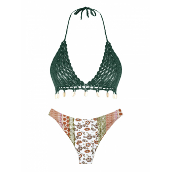 Boho Shell Tassel Crochet Floral Print Cheeky Bikini Swimwear Deep green