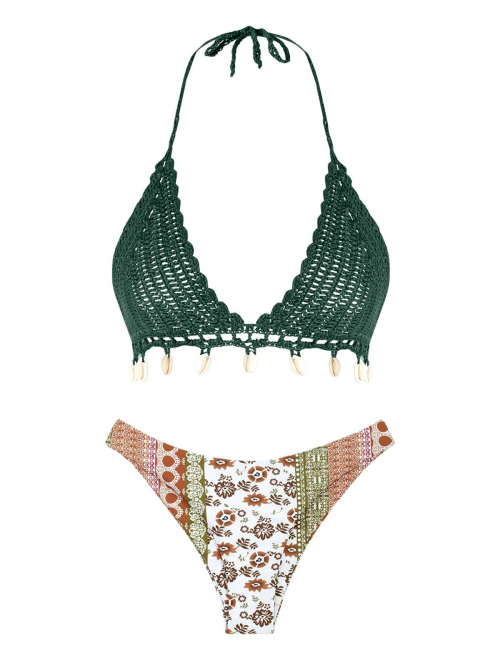 Boho Shell Tassel Crochet Floral Print Cheeky Bikini Swimwear Deep green