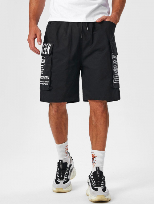 ZAFUL Letter Pattern Multi-pockets Design Drawstring Cargo Shorts L Black