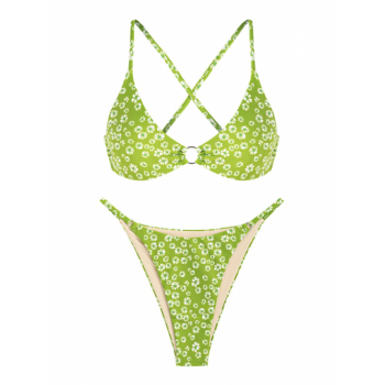 ZAFUL Ditsy Floral Print O Ring Criss Cross Bikini Swimwear S Light green