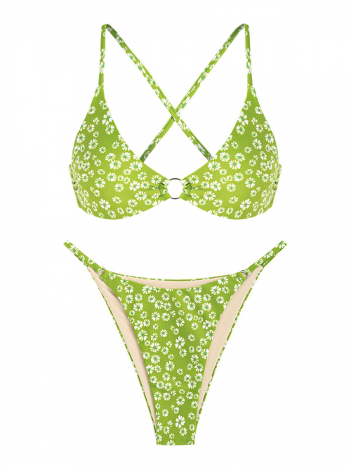 ZAFUL Ditsy Floral Print O Ring Criss Cross Bikini Swimwear S Light green