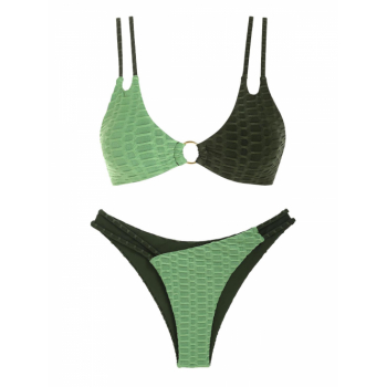 ZAFUL Two Tone O-ring Honeycomb Textured Bikini Swimwear L Green