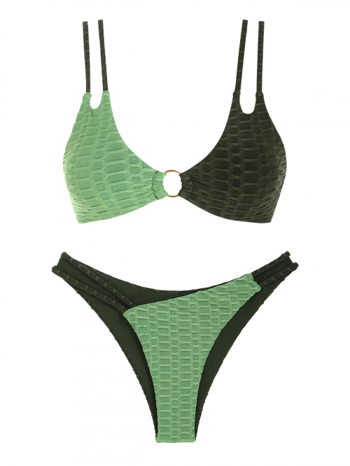 ZAFUL Two Tone O-ring Honeycomb Textured Bikini Swimwear L Green