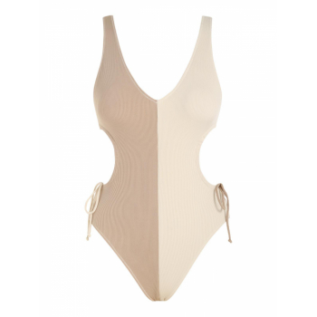 ZAFUL Cinched Cut Out Two Tone Ribbed Cheeky One-piece Swimsuit L Coffee